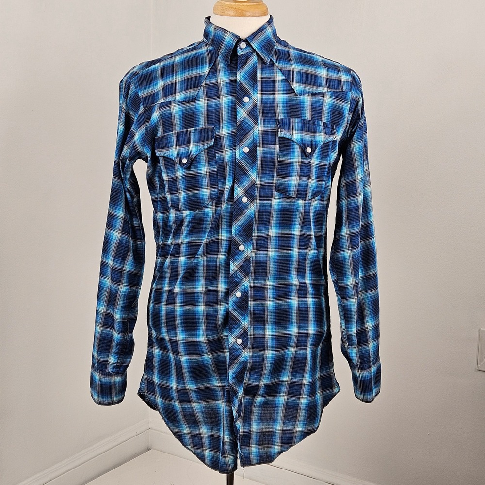 Vintage 1960s Levis Big E Timberline Western Shirt 15.5 Blue Plaid Pearl Snaps